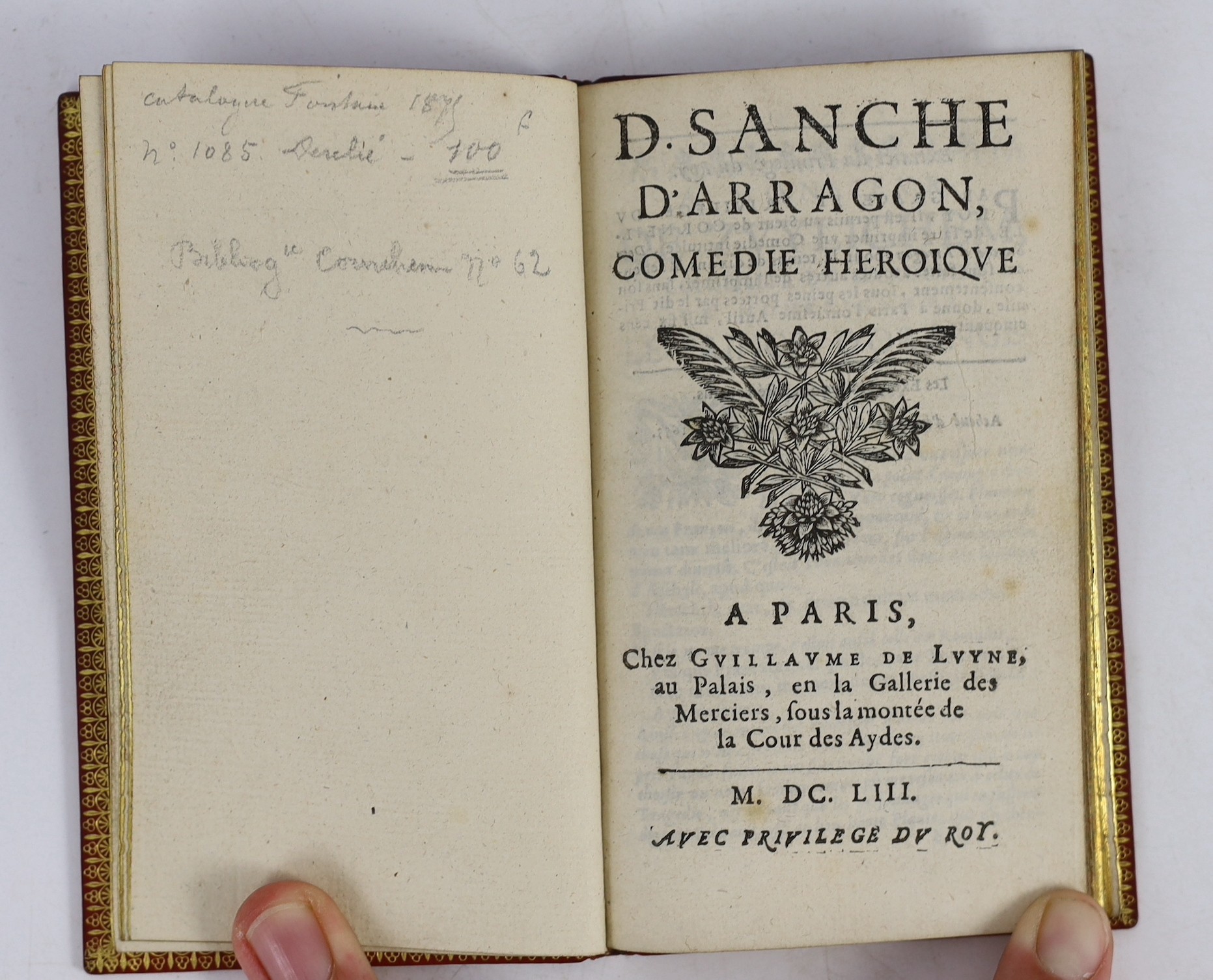 Cornielle, Pierre - Don Sanche d’Aragon, comedie heroique, 2nd edition, 12mo, later red morocco by Belz-Niedree, Guillaume de Luyne, Paris, 1653